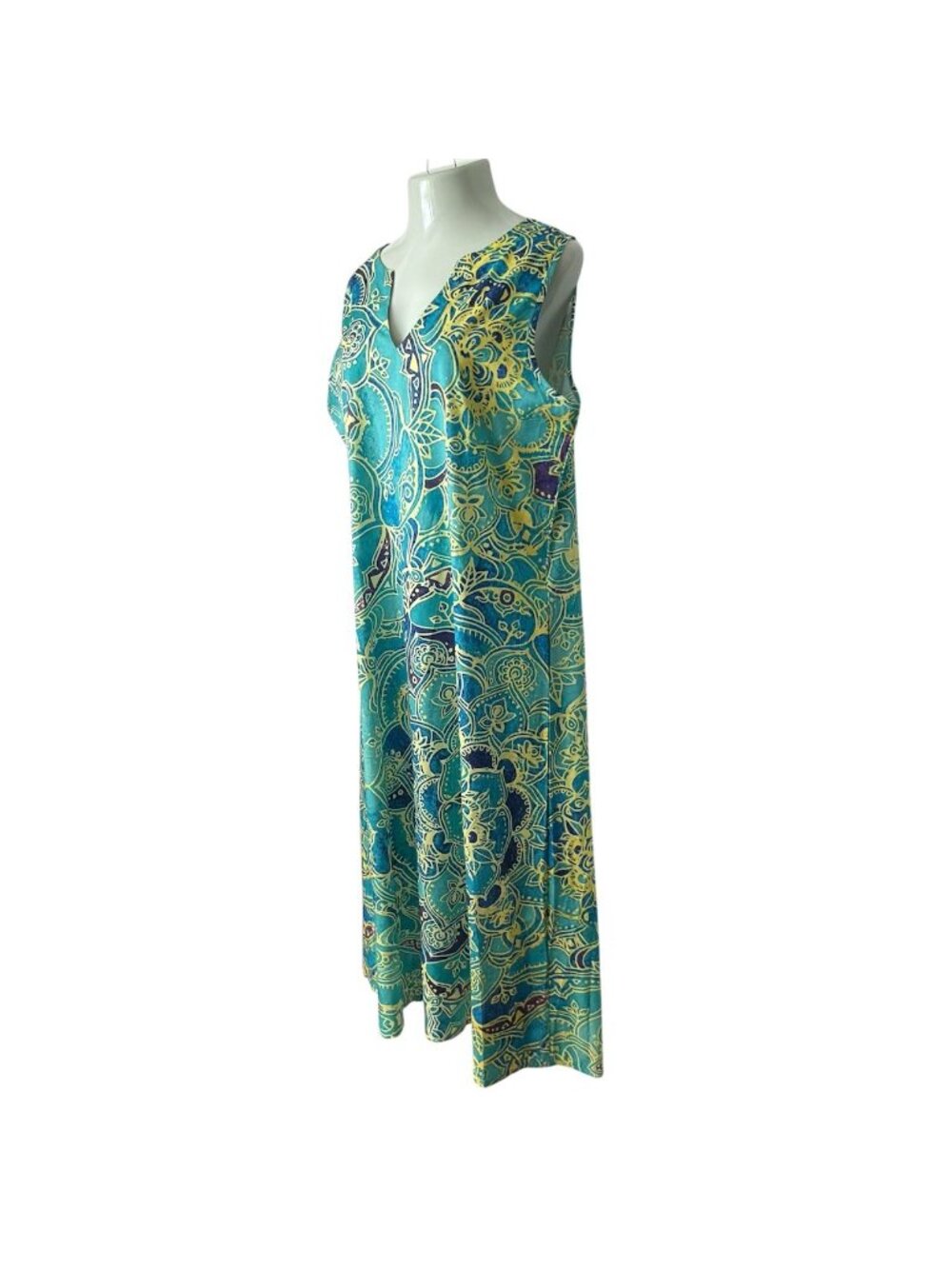 Vintage Womens 3XL Maxi Dress Sleeveless Vibrant Green Blue Yellow Floral Shift - Picture 4 of 16